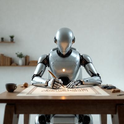 The primary subject of the image is a robot sitting at a table, writing on a piece of paper. The setting is a room with a table and a chair. The visual style is a digital art or illustration, creating a futuristic and technological atmosphere. The colors are predominantly white and gray, with the robot being silver and the table being brown. The mood of the image is focused and thoughtful, as the robot appears to be engaged in a creative or intellectual task.